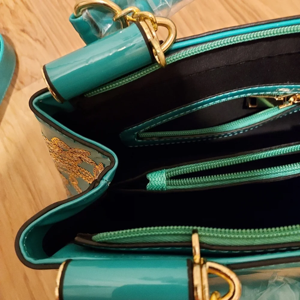 Teal Neptune Green Gold Patent Leather Look Bling Handbag Embroidery Shiny Purse